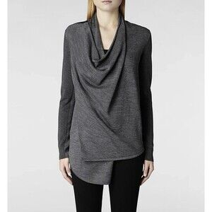 All Saints Drina Cardigan Sweater US 4 Black Lagenlook Wool Asymmetrical Zip